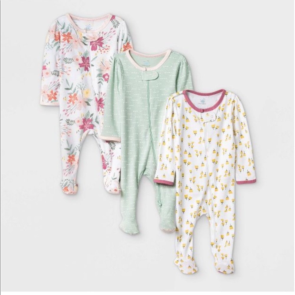 LIKE NEW Cloud Island Newborn Floral Striped Pink Mint Footed Onesie Playsuit